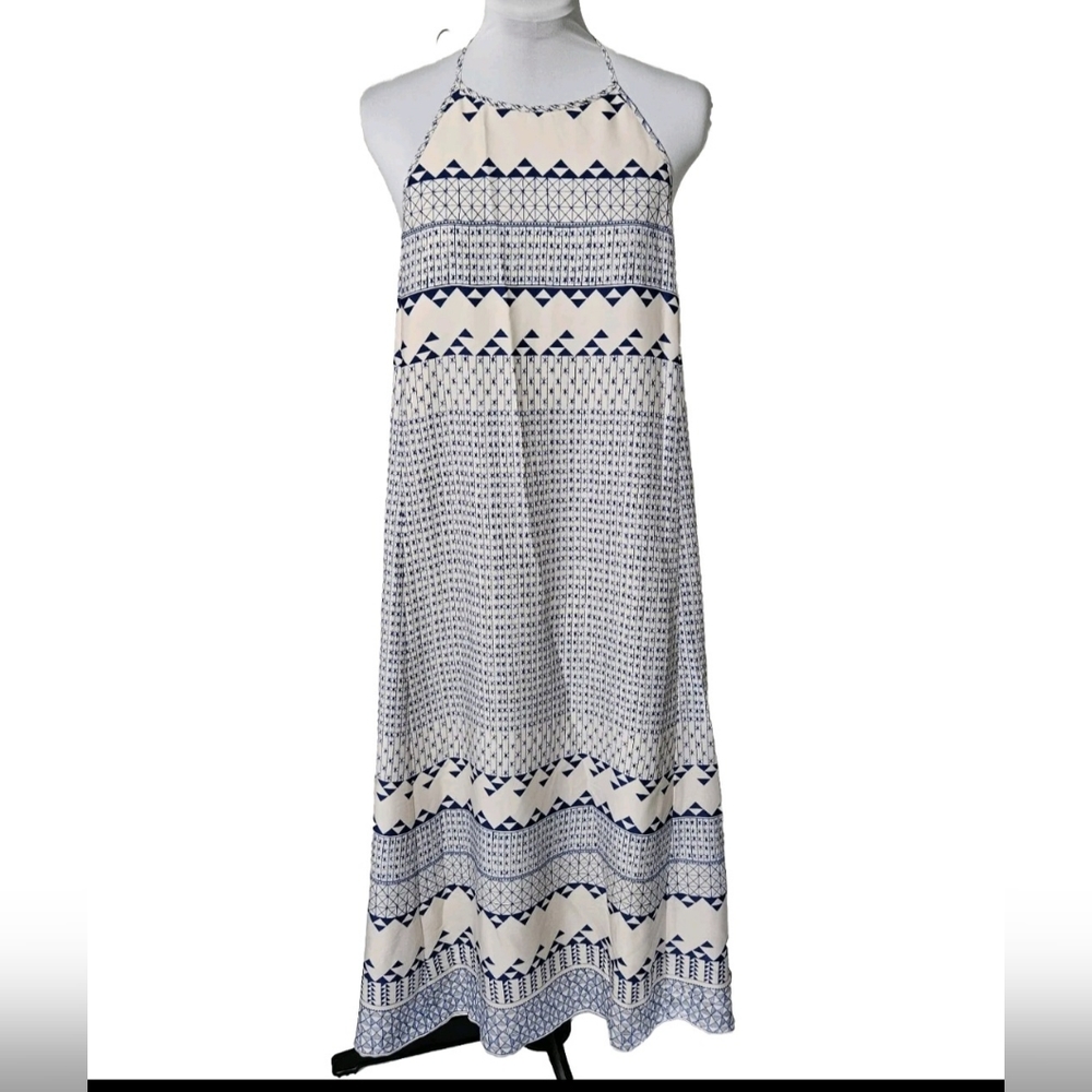 Madewell Womens Sz L Cream Blue Ionian Tile Open Back Trapeze Midi Dress Nwt